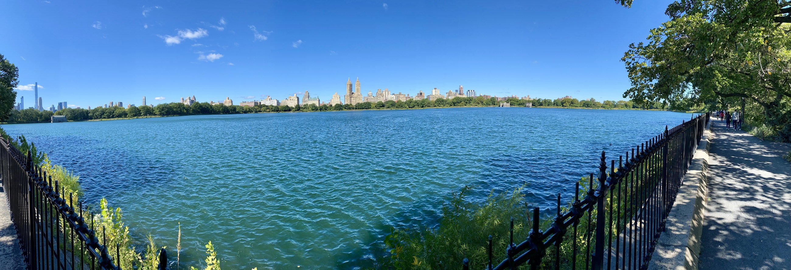 The Central Park reservoir with the skyline beyond it